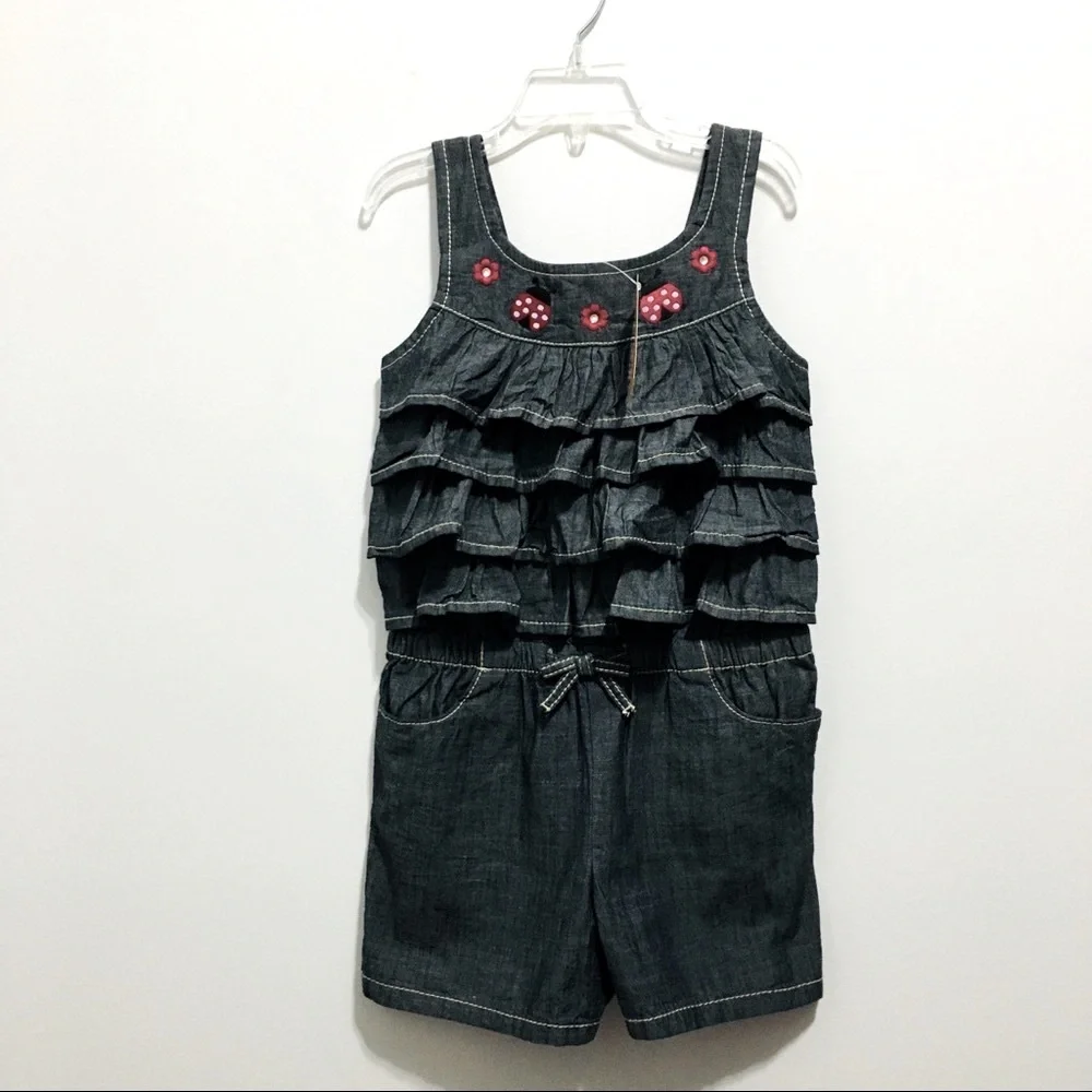 🆕 Gymboree Denim Sleeveless Romper Floral Ladybug Embroidery